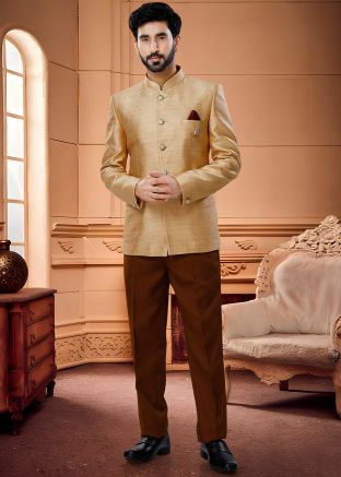 Golden Woven Bandhgala Jodhpuri Suit In Jacquard