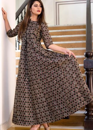 Grey & Brown Printed Long Kurta