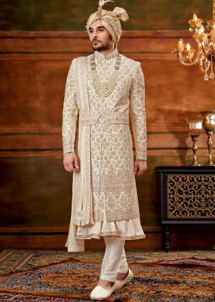 Cream Floral Embroidered Anarkali Style Sherwani