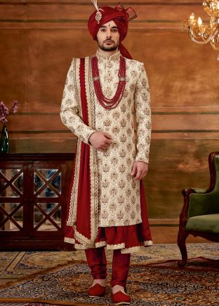 Cream Embroidered Anarkali Style Sherwani For Groom