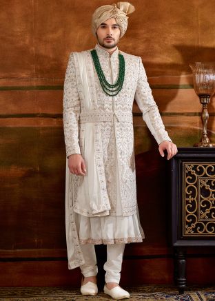 Readymade White Embroidered Anarkali Style Sherwani