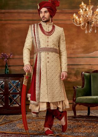 Grooms Golden Embroidered Anarkali Style Sherwani