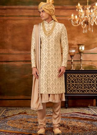 Golden Thread Embroidered Anarkali Style Sherwani