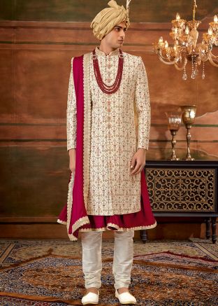 Cream Zari Embroidered Anarkali Style Sherwani Set