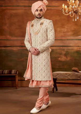 Cream Embroidered Grooms Anarkali Style Sherwani