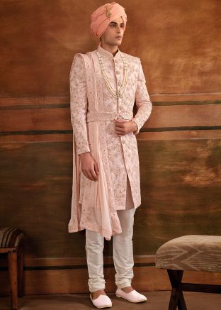 Pink Embroidered Sherwani Set In Art Silk