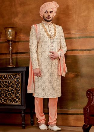 Cream Art Silk Sherwani In Thread Embroidery