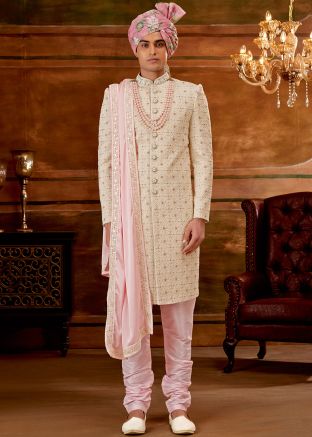 Cream Sherwani Set In Thread Embroidery