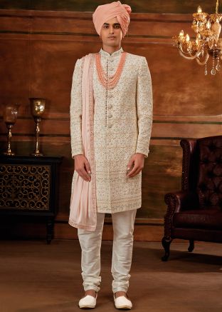 Cream Embroidered Sherwani Set In Georgette