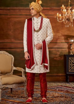 Cream Thread Embroidered Georgette Sherwani Set