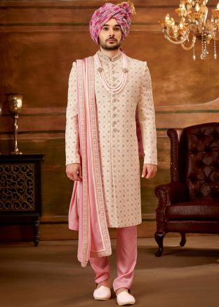 Readymade Cream Embroidered Sherwani Set & Stole