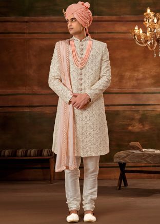Grooms Readymade Sherwani Set In Thread Embroidery