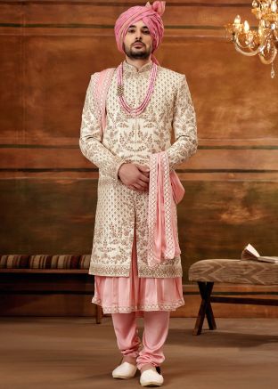 Cream Embroidered Anarkali Style Sherwani In Art Silk