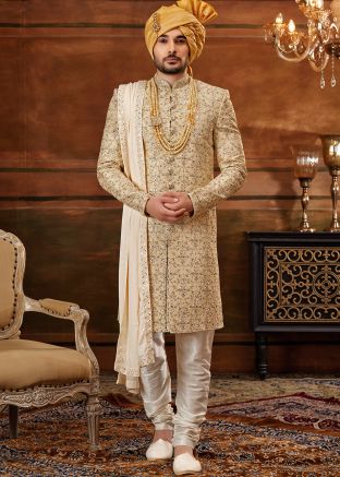 Readymade Golden Embroidered Art Silk Sherwani Set
