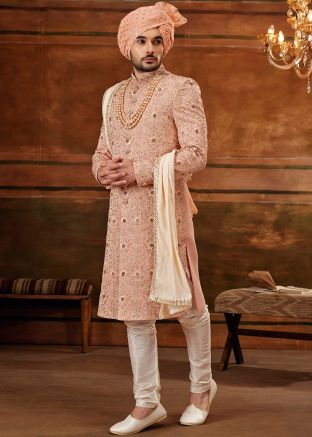 Pink Embroidered Art Silk Sherwani Set