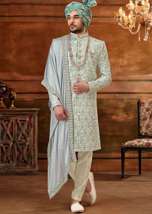 Cream Sherwani Set In Floral Embroidery