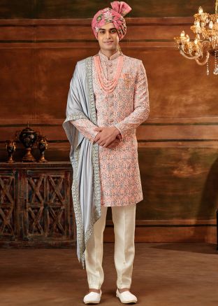 Peach Floral Embroidered Art Silk Sherwani Set