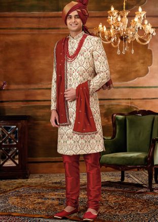 Cream Grooms Embroidered Sherwani & Stole