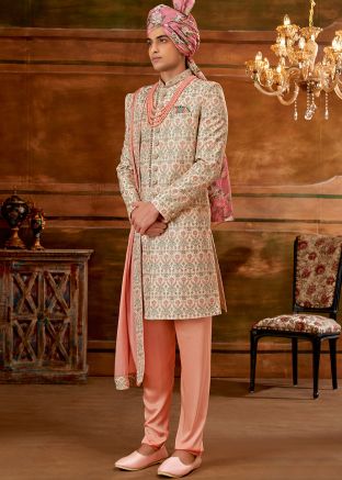 Readymade Golden Embroidered Sherwani Set For Groom