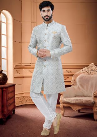 Grey Embroidered Indo Western Sherwani For Men