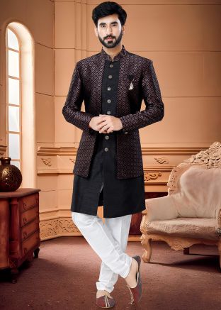 Black Woven Jacket Style Indo Western Sherwani Set