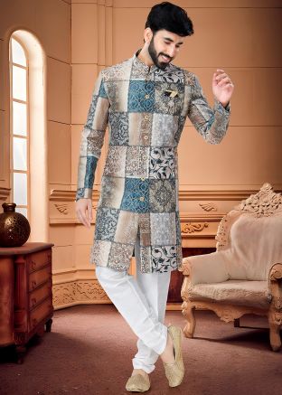 Multicolor Mens Printed Indo Western Sherwani Set