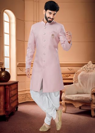 Pink Mens Plain Indo Western Sherwani & Dhoti