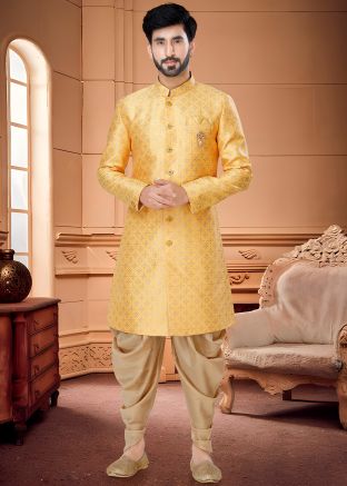 Golden Mens Woven Indo Western Sherwani & Dhoti