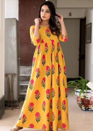 Yellow Long Kurta In Floral Print