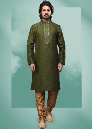 Green Mens Thread Embroidered Kurta Pajama