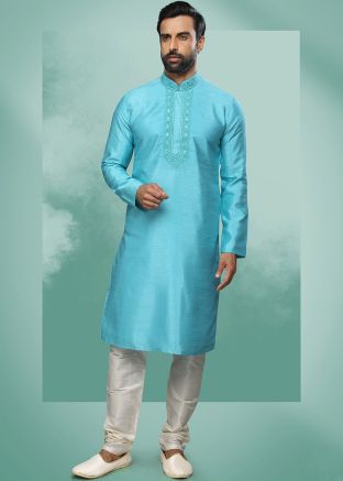Blue Mens Mirror Embroidered Kurta Pajama Set