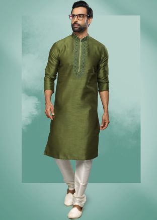 Green Thread Embroidered Kurta Pajama For Men