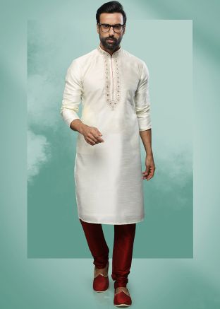 White Mens Kurta Pajama With Thread Embroidery Online USA