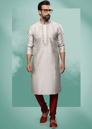 Readymade Grey Zari Embroidered Kurta Pajama