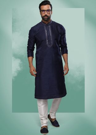 Blue Mirror Worked Mens Kurta Pajama Set