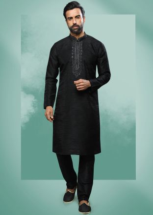 Black Thread Embroidered Readymade Kurta Pajama