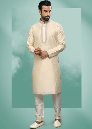 Cream Mens Embroidered Kurta Pajama Set