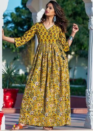 Yellow Angrakha Style Long Kurti In Cotton