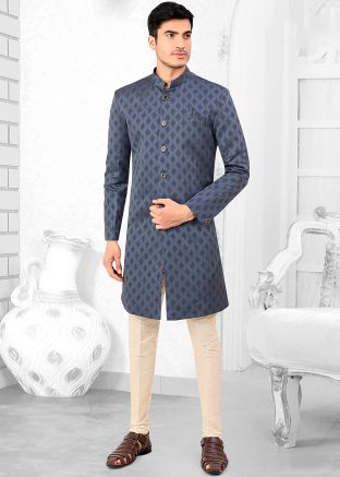 Blue Mens Woven Indo Western Sherwani Set