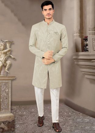Grey Woven Indo Western Sherwani With Pant