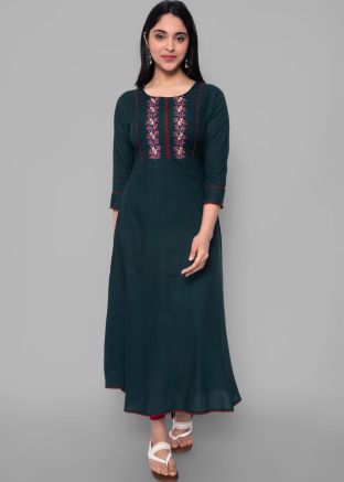 Green Embroidered Flared Kurta Set