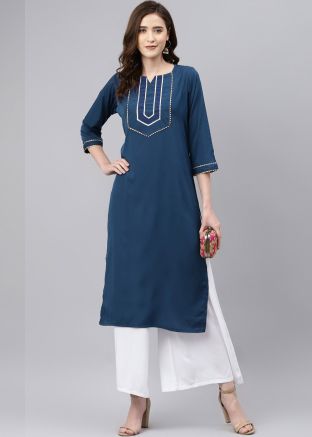 Blue Readymade Laced Rayon Kurta