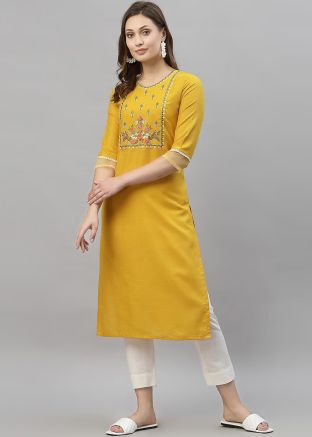 Yellow Embroidered Rayon Kurta