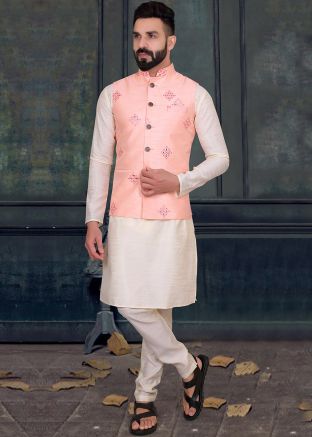 Cream Silk Kurta & Thread Embroided Nehru Jacket
