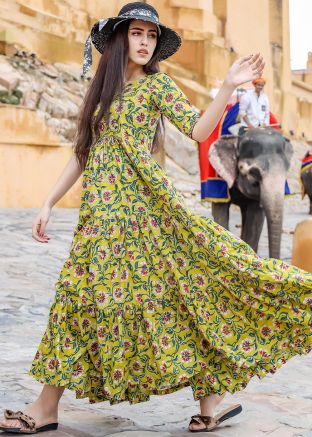 Yellow Floral Printed Dress In Cotton