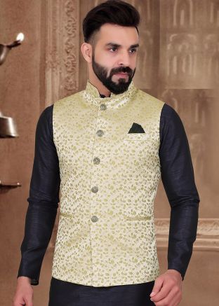 Readymade Green Jacquard Nehru Jacket For Men 