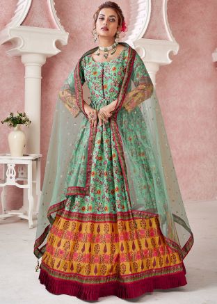 Green Floral Printed Long Kurta With Dupatta