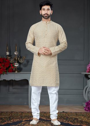 Beige Readymade Chikankari Kurta Pajama Set