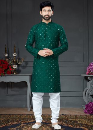 Green Foil Print Kurta Pajama In Cotton Silk