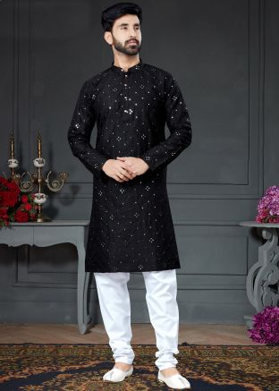Black Readymade Mirror Work Kurta & Pajama